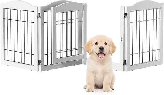 VINGLI Freestanding Dog Gate with Door, Pet Gate with Walk Through Door, Foldable Pet Safety Fence for Stairs Doorways Fireplace (24" H - 4 Panels)