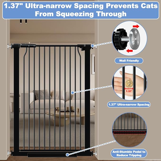 40.55" Extra Tall Baby Gate for Stairs-54.8"-60.2" Wide 1.37" Ultra Narrow Spacing Extra Wide Pet Cat Gate Dog Gate-Auto-Close Pressure Mounted Dog Door for Pets and Kids,Black
