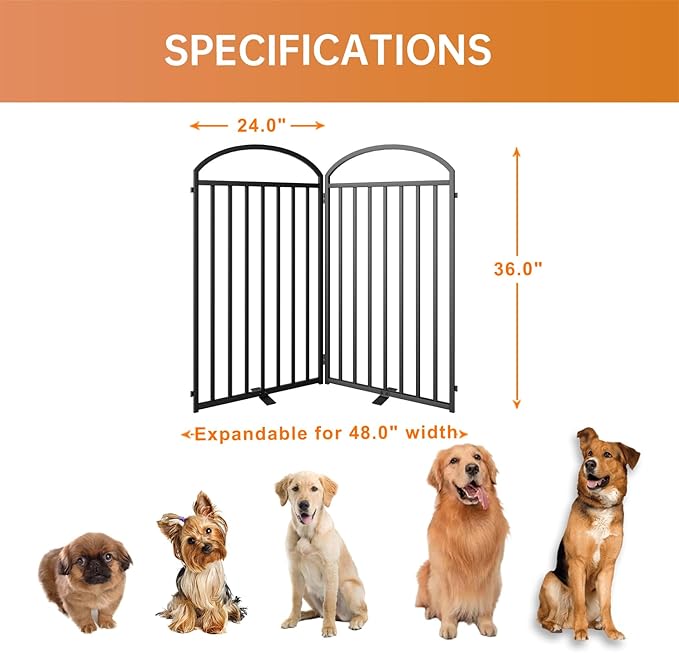 2 Panels Full Matel Freestanding Dog Gates, 48" Extra Wide 36" Tall Free Standing Dog Pet Gate for Indoor & Outdoor. Foldable Pet Fences for Doorways, House, Stairs, Porch, Deck, Yard