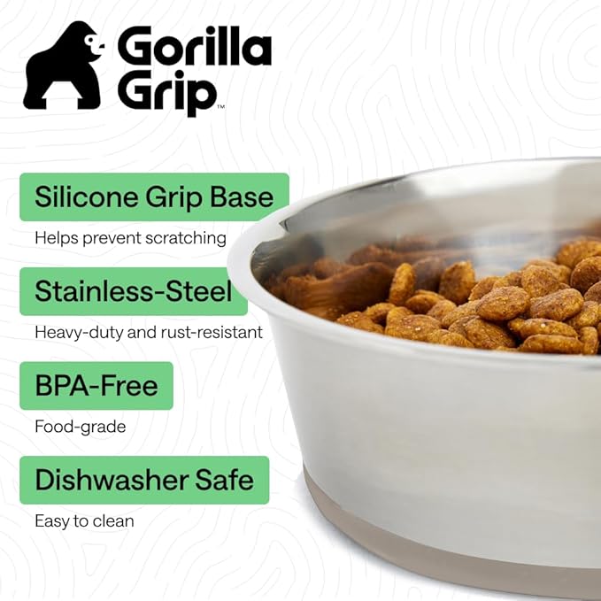 GORILLA GRIP Dog Bowls, Food Grade 304 Stainless Steel, Holds 8 Cups Each (64 fl oz) Food and Water Bowl for Feeding Dogs and Cats, Dishwasher Safe, Rust Resistant, BPA Free Rubber Base Set of 2 Beige