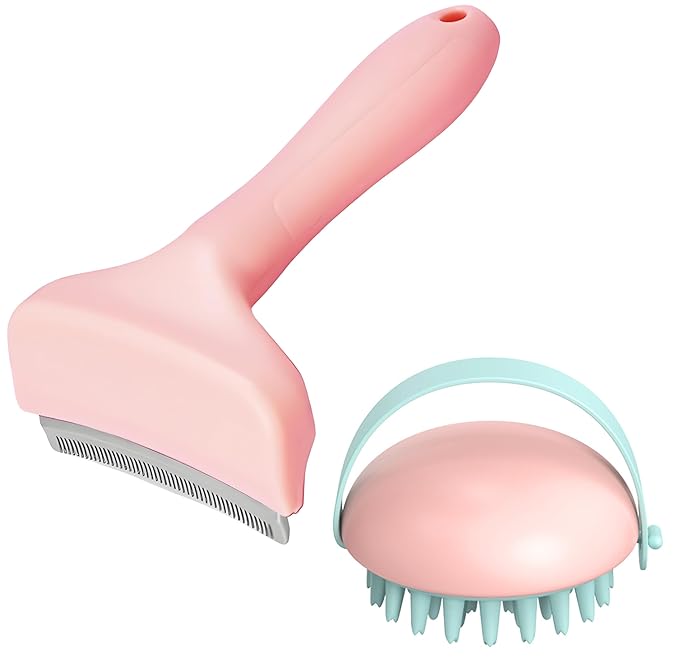 2 Pack Pet Grooming Set, Short Teeth Stainless Steel Deshedding Brush for Short-Haired Dogs and Soft Silicone Circular Bath Brush, Efficient Fur Removal and Gentle Cleaning (Pink, Large)