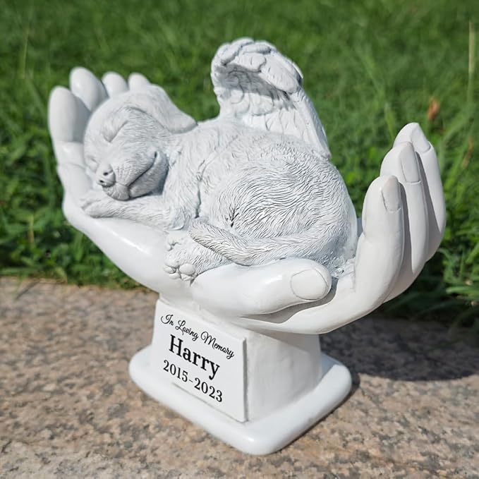 Personalized Pet Dog Grave Markers Angel Dog Statue Memorial Stone Sleeping in God's Hands, Dog Pet Headstone Garden Tombstone，in Loving Memory of A Pet Lost Dog Gifts (A)