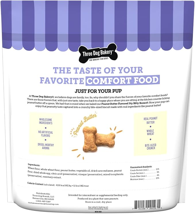 Three Dog Bakery Itty Bitty Bones Peanut Butter Dog Treats,32oz - Crunchy Bones for-Dog Training Treats,Real Peanut Butter Puppy Training-Treats,Dog-Bakery-Treats,(Pack of 2)