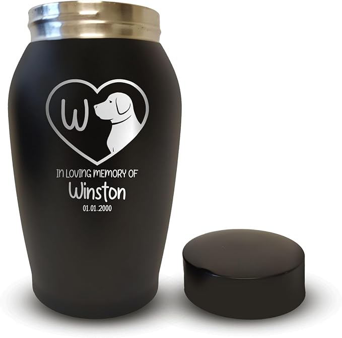 Personalized Custom Small Keepsake Urn Engraved with Pet Name, Date, and Dog Design - 5.2" Black Powder Coated Steel Cremation Urn for Dogs Ashes | 12-16 lb Capacity, Initial in Heart