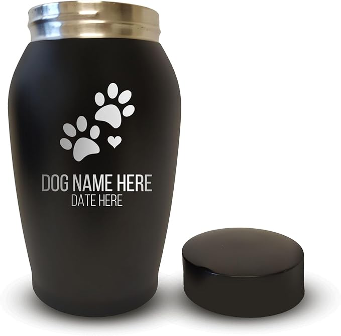 Personalized Custom Small Keepsake Urn Engraved with Pet Name, Date, and Dog Design - 5.2" Black Powder Coated Steel Cremation Urn for Dogs Ashes | 12-16 lb Capacity, Dog Paws