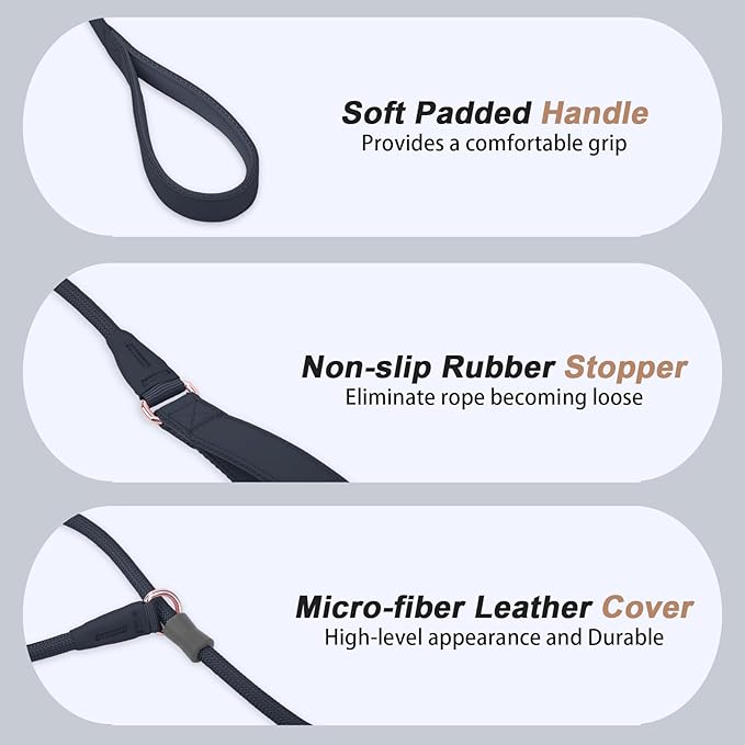 Slip Lead Dog Leash, Soft Leather Dog Training Leash with Double Handle, Heavy Duty Nylon Dog Lead Slip Lead and Collar, No Pull Walk for Medium Large Small Dogs 6ft Black