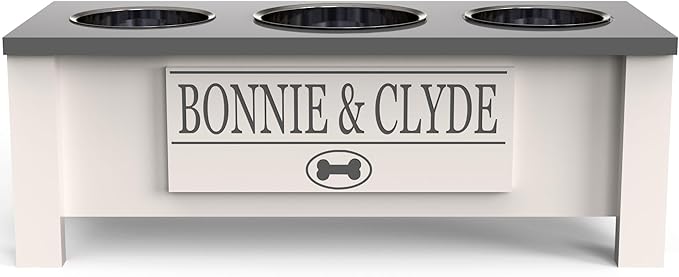 GTW Elevated 3 Bowl Dog Feeding Station - Customized Triple Stand for Medium Size Dog Breeds - Includes Storage & Stainless Steel Bowls (Medium, Grey)