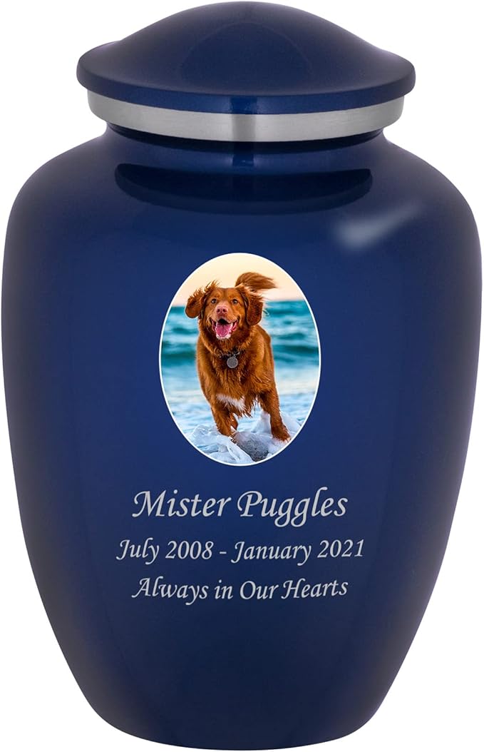 Homage Large Custom Photo Pet Cremation Urn for Pet Ashes - Vase Style Pet Urn - 200 Cubic Inch Capacity -Personalization Included (Sapphire Blue)