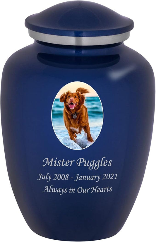 Homage Large Custom Photo Pet Cremation Urn for Pet Ashes - Vase Style Pet Urn - 200 Cubic Inch Capacity -Personalization Included (Sapphire Blue)