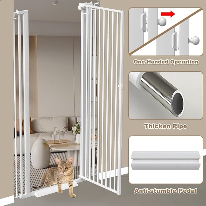 57" Extra Tall Cat Gate, 43.3"-48.0" Wide Pet Gate for Doorway, Pressure Mounted Tall Baby Gate with Door, Walk Through Dog Gate Indoor Stairs, Auto Close Cat Safety Gates, White