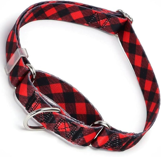 Red Plaid Print Martingale Collar, No-Slip Escape Proof Choke No Pull Soft Nylon Training Dog Collars for Small Medium Large Breed Pet Dogs, S
