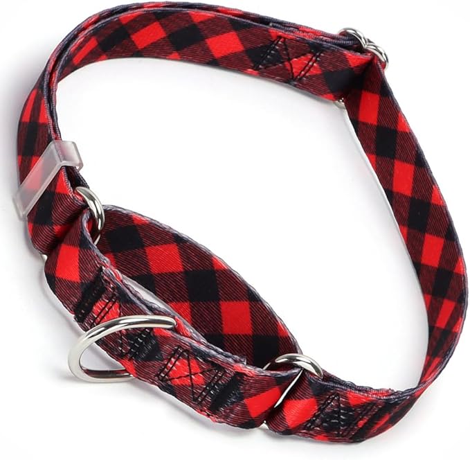 Red Plaid Print Martingale Collar, No-Slip Escape Proof Choke No Pull Soft Nylon Training Dog Collars for Small Medium Large Breed Pet Dogs, M