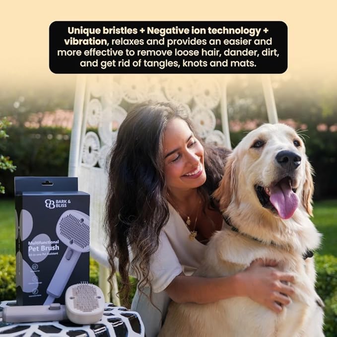 Bark&Bliss Pet Brush- Smart Design for grooming, detangling, massage, negative Ion Technology, vibration, self-cleaning for Pets, for Dogs & Cats.