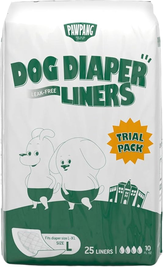 PAWPANG Disposable Dog Diaper Liners l Trial Pack (25 Count), Absorbent Inserts with Odor Control for Reusable Dog Diapers & Belly Bands (Large)