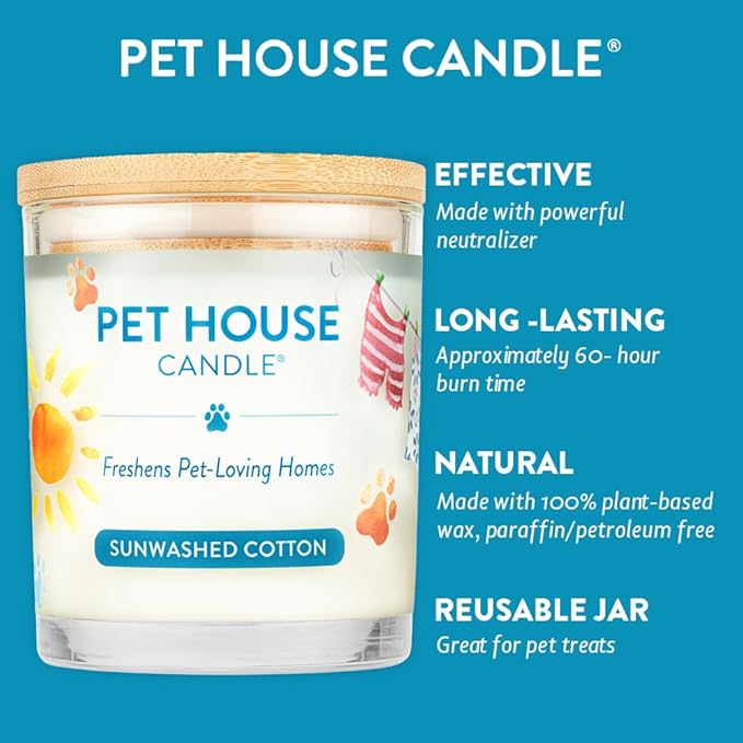 One Fur All Pet House Value Pack – Plant-Based Soy, Clean Burning, Long-Lasting Pet Odor Candle for Home – Sunwashed Cotton