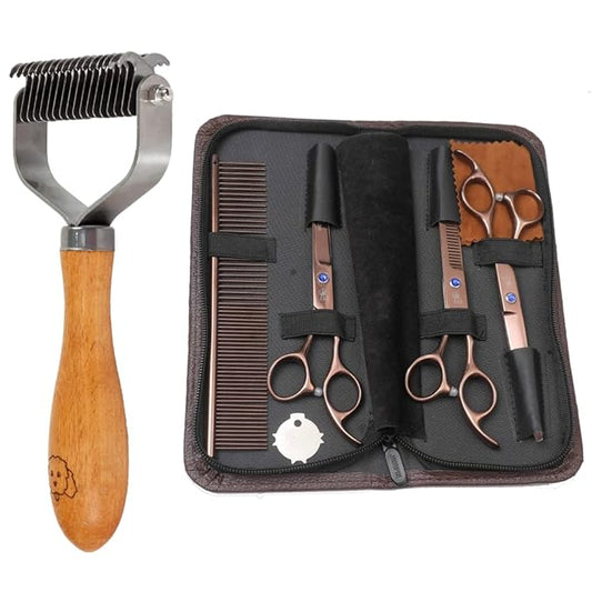 We Love Doodles Brown Stainless Steel Dematting Rake for Dogs & Dog Grooming Scissors Kit