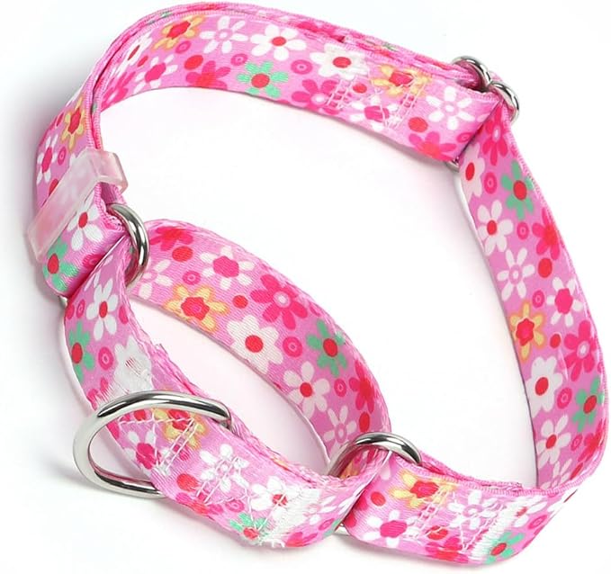 Pink Floral Print Martingale Collar, No-Slip Escape Proof Choke No Pull Soft Nylon Training Dog Collars for Small Medium Large Breed Pet Dogs, L