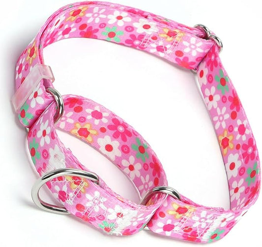 Pink Floral Print Martingale Collar, No-Slip Escape Proof Choke No Pull Soft Nylon Training Dog Collars for Small Medium Large Breed Pet Dogs, L