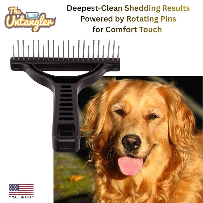 The Untangler Rakes for Grooming and Shedding -silky smooth rotating teeth to easily collect loose hair (Black, Shedding)