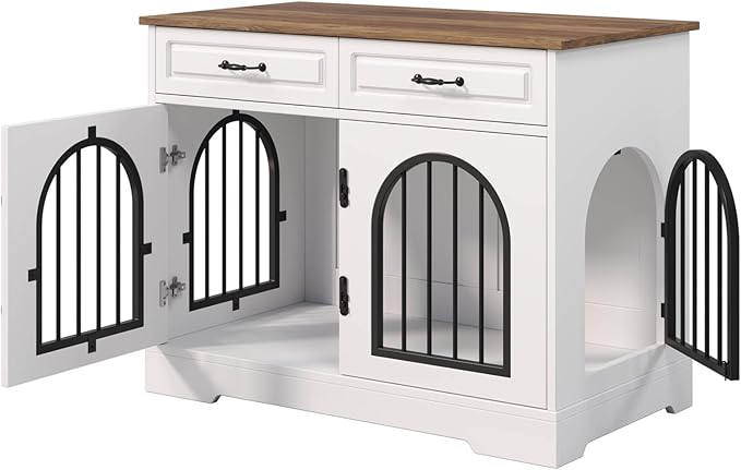 43.3" XL Dog Crate Furniture for Small and Medium Dog, Heavy Duty Indoor Dog Kennel with 2 Storage Drawers, Wooden Decorative Dog Cage with Side Doors, End Table Dog Crate, White