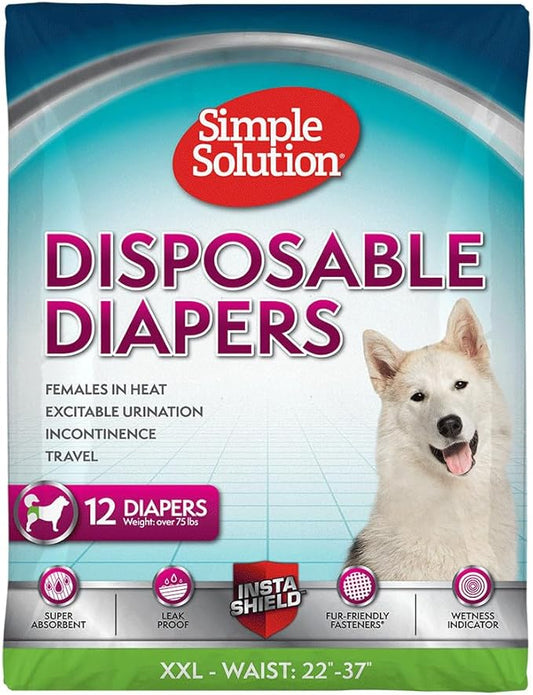Simple Solution Disposable Female Dog Diapers, Absorbent Leak Proof Protection for Incontinence, Puppy Training, Heat Cycle, Travel, and Housebreaking, XXL Dogs, 22–37 Inch Waist, 12 Count