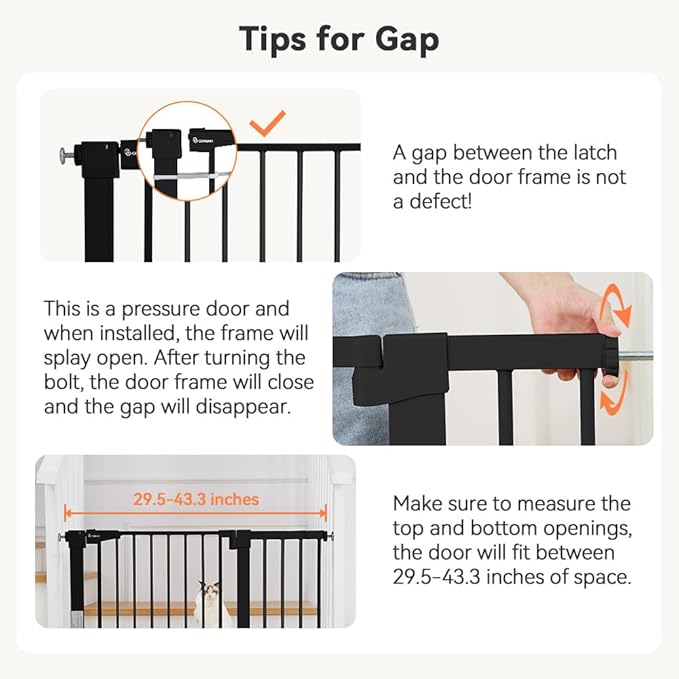 COMOMY 29.5-43.3" Safety Baby Gate Extra Wide, Auto Close Dog Gate for House Doorways Stairs, Pressure Mounted Easy Walk Through Pet Gate Child Gate, Includes 2.75" and 8.25" Extension, Black