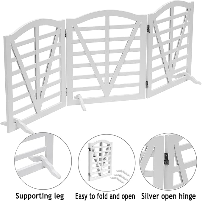 Wooden Dog Gate Freestanding Pet Gate Foldable Pet Gate for Dogs,Indoor Dog Fences with 3Foot Supportershite,3Pane 23.6" Height-White.