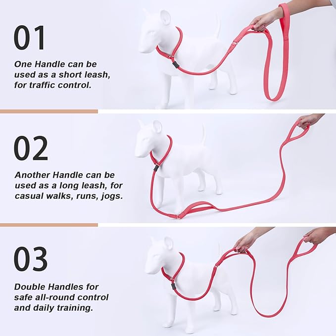 Slip Lead Dog Leash, Double Handle, Soft Leather, Heavy Duty Nylon, No Pull Walking, Hot Pink, 6ft