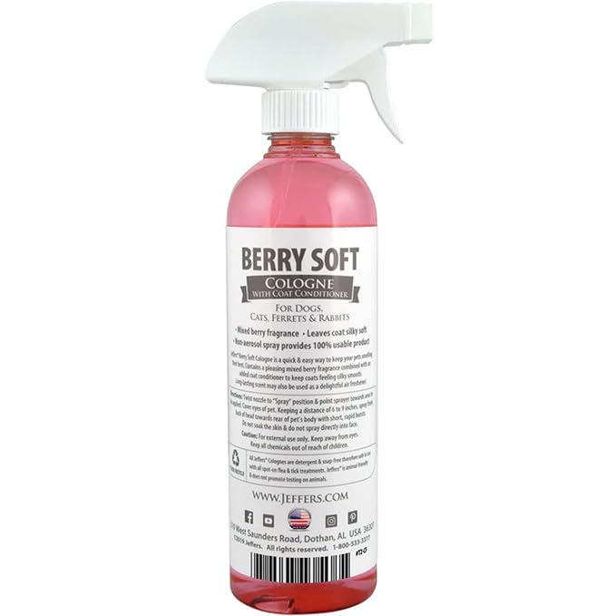 Jeffers Pet Cologne Spray with Coat Conditioner for Dogs & Cats, 16 oz - Detergent & Soap Free Grooming Fragrance Mist, Coat Deodorizer, Freshener, Safe for Pets, Salon, Home Use - Berry Soft Scent