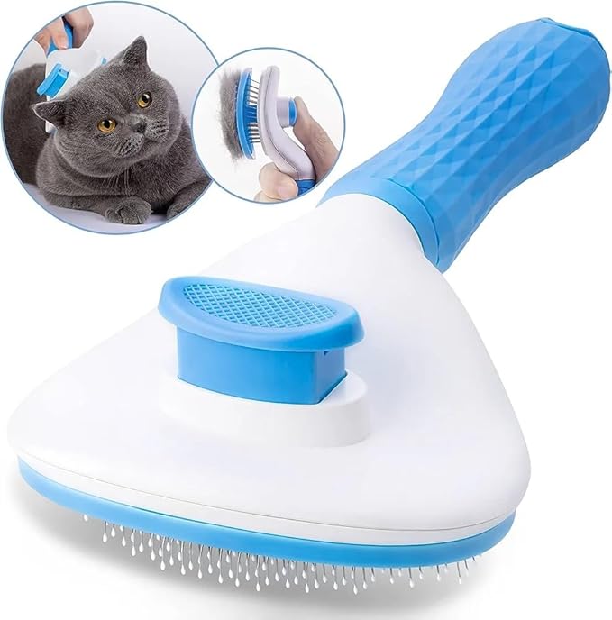 Self-Cleaning Cat and Dog Slicker Brush - Grooming Comb With Smooth Handle, Pet Grooming Tool With Cleaning Button for Shedding and Massage (BLUE)