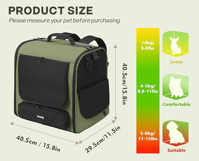 Pecute Spacious Cat Carrier Backpack, Lightweight Ventilated Pet Backpack for Anxious Cats & Small Dogs (Miniature Dachshund), for Hiking Camping Travel Vet Visits, Dark Green