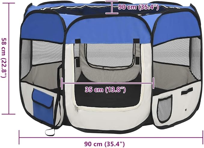 vidaXL Foldable Dog Playpen - Blue/Cream with Carrying Bag, Mesh Zipper Roof/Door, Side Pockets, Lightweight & Sturdy Steel Frame, 35.4"x35.4"x22.8"