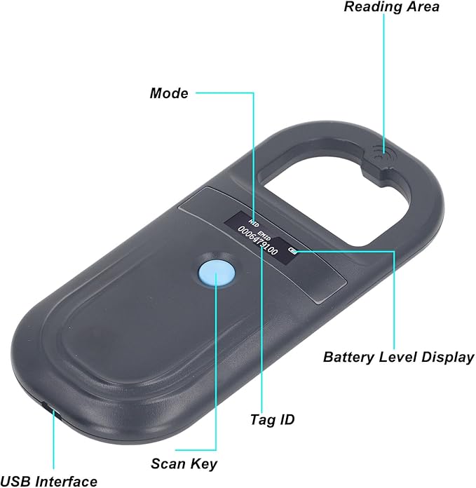 Pet Microchip Reader, 134.2KHz ISO11784 85 FDX B EMID Handheld Animal ID Reader, Rechargeable Pet Tag Scanner, 128 Sets Data Storage, for Dog Cat Pig Sheep Ox