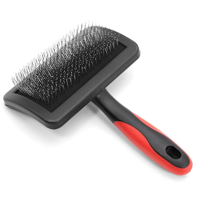 Jeffers Pet Hard Pin Universal Slicker Brush for Dogs & Cats – Firm Bristles, Curved Head for Tough Mats & Tangles, Non-Slip Grip, Best for Thick Coats, Heavy Matting – Black, Red - Medium