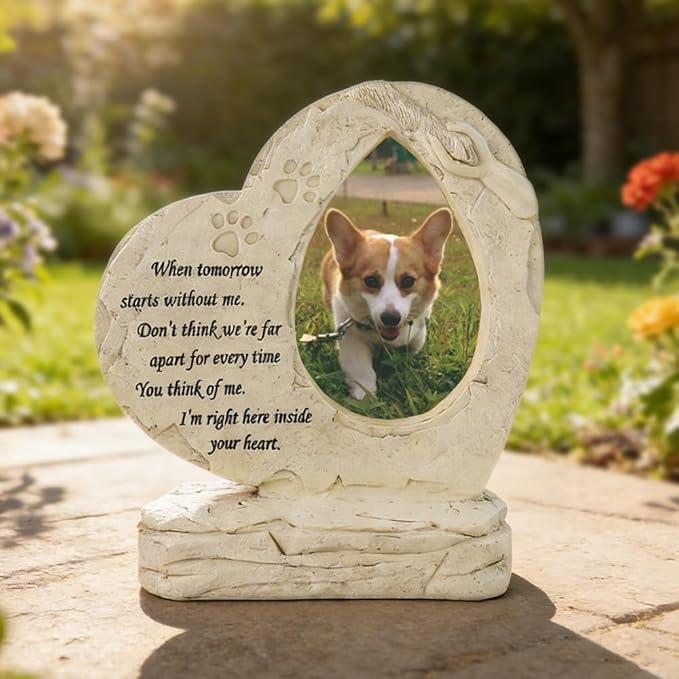 Heart Shaped Pet Dog Memorial Stones with Photo Frame, Pet Headstones Grave Stones for Dogs or Cats, Sympathy Pet Dog Memorial Gifts Remembrance Loss Gifts Outdoor or Indoor