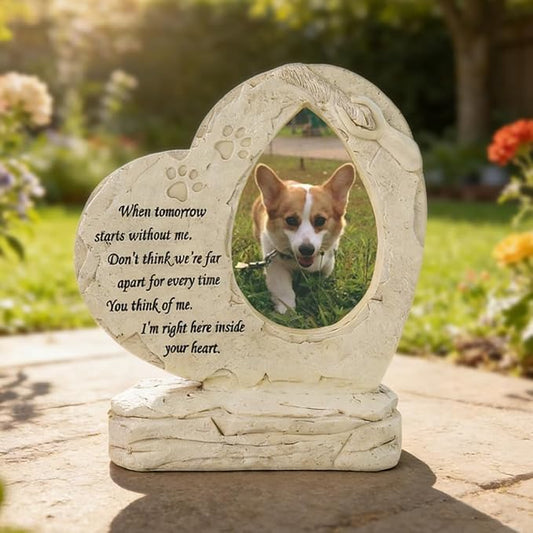 Heart Shaped Pet Dog Memorial Stones with Photo Frame, Pet Headstones Grave Stones for Dogs or Cats, Sympathy Pet Dog Memorial Gifts Remembrance Loss Gifts Outdoor or Indoor