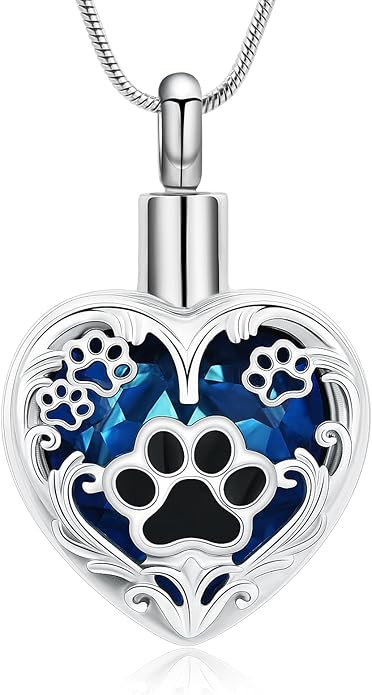 Heart Urn Necklace For Ashes Birthstone Pet Memorial Jewelry Dog Paw Print Cremation Pendant Stainless Steel Keepsake Gift For Pet Lovers