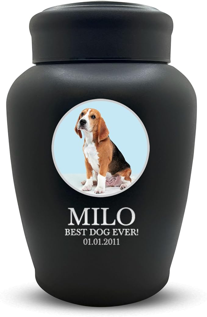 Personalized Custom Photo Dog Urn Engraved Dog Name and Date Stainless Steel Cremation Urns for Dogs Ashes with Pet Photo | Pets Up to 150 Lbs | Large 8.2" x 6.5" | Black