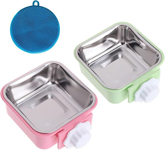 Love Dream Crate Dog Cat Bowls, Removable Stainless Steel Hanging Pet Cage Bowls Kennel, Food Water Feeder with Bolt for Puppy Rabbits Birds 2 Pack with Silicone Sponge Dish Brush