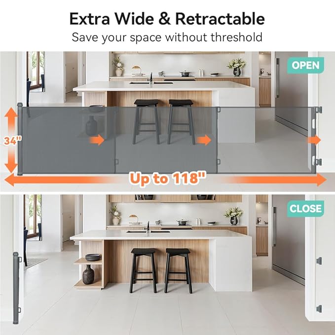 COMOMY 118" Retractable Baby Gates Extra Wide, Retractable Dog Gate for Large Openings, Extra Long Dog Gates for The House, Extra Large Mesh Pet Gate for Stairs, Doorways, Hallways, Indoor&Outdoor