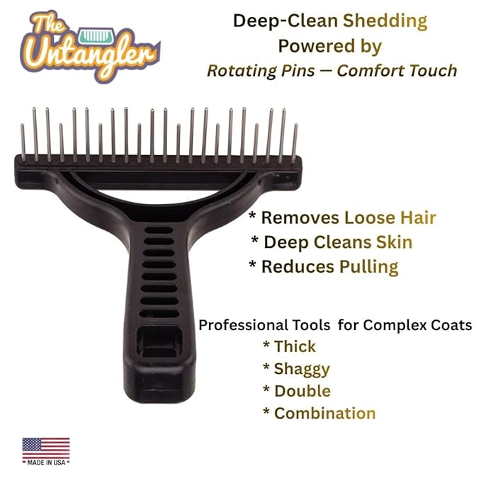 The Untangler Rakes for Grooming and Shedding -silky smooth rotating teeth to easily collect loose hair (Black, Shedding)