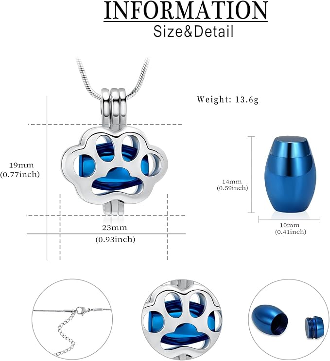 Pet Cremation Jewelry for Ashes Paw Memorial Locket Urn Necklace Keepsake Cremation Jewelry for Dog/Cat (Silver-Blue)