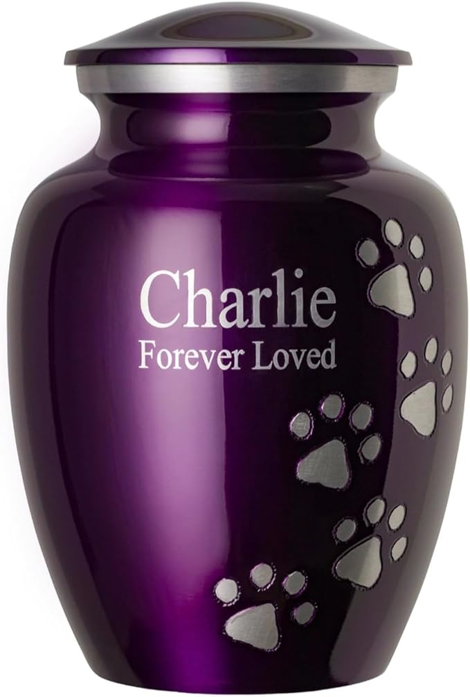 Ottillie Paws Premier Series Pet Urn for Dogs with Personalized Laser Engraving (Medium - Pets up to 65 lbs, Amethyst Purple with Vertical Pewter Paws)