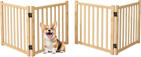 Wood Freestanding Dog Gates, Paint-Free Nature Wood Pet Gate Indoor, Puppy Gate for Doorways, Stairs, 23" Height, 2 Panels-2Pcs
