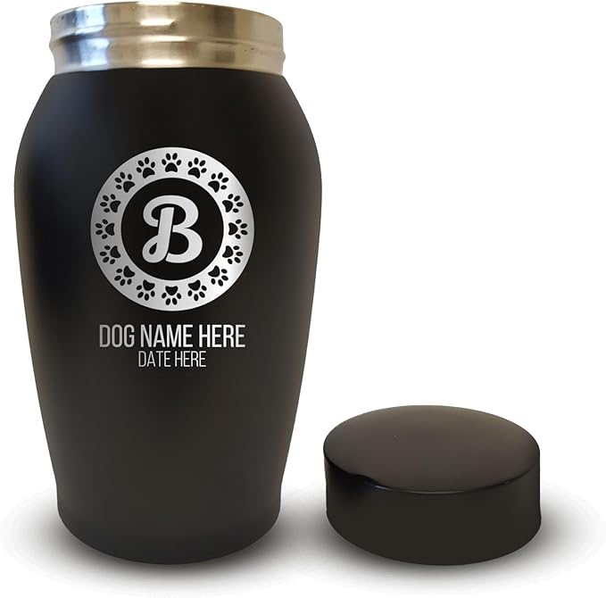 Personalized Custom Small Keepsake Urn Engraved with Pet Name, Date, and Dog Design - 5.2" Black Powder Coated Steel Cremation Urn for Dogs Ashes | 12-16 lb Capacity, Paw Stamp