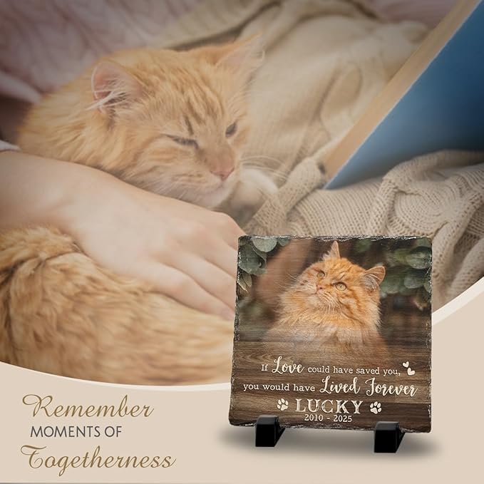 Custom Memorial Gifts: Square Headstone - Cat Paw Prints, Grave Decorations for Dog Cemetery, Photo Frame Stamped in Pet Lovers' Hearts, Meaningful Gift to Keep Your Furry Friend