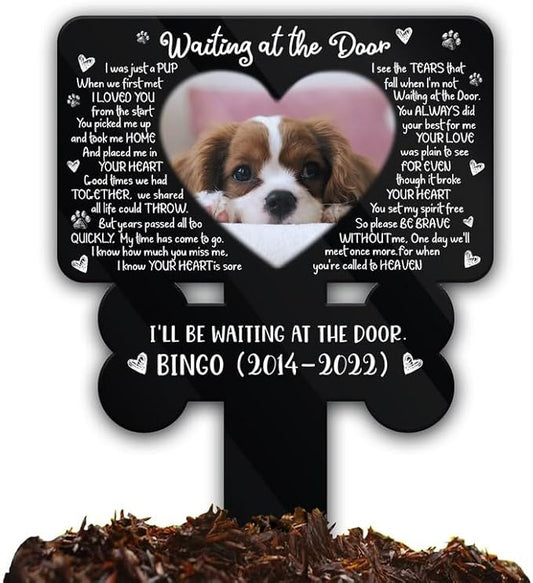 Personalized Dog Memorial Stake Custom Dog Photo Waiting At The Door Dog Bone Metal 12x12 inch Pet Grave Marker Dog Loss Gift Sympathy Gift for Dog Lover (Style 36)