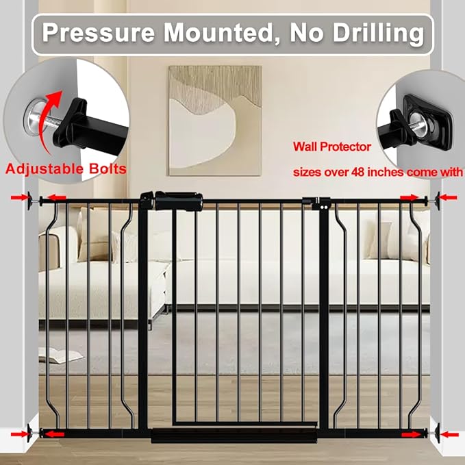 Fairy Baby Extra Wide Baby Gate Black 53-57.5 Inch Wide, Walk Through Pressure Mounted No Drill for Doorways, Long and Large Tension Gate for Pet and Kids