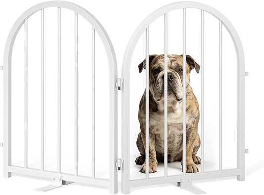 Full Metal Dog Gate for Indoor Outdoor, 24" Tall Free Standing Pet Dog Fence, 36" Wide Arched Pet Gates for Stairs, Hallways, Doorways, Kitchen, Decks, Yards (White, 2 Panels)