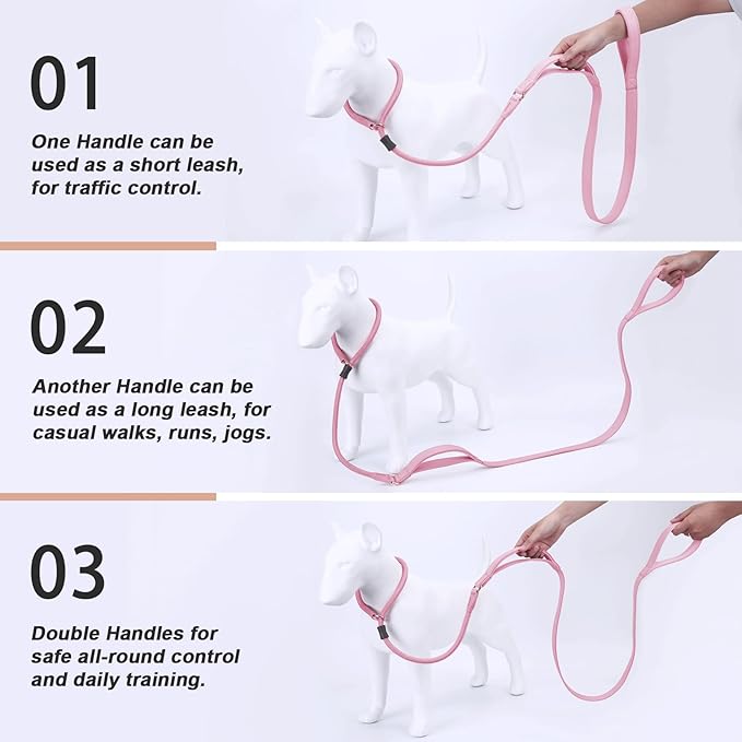 Slip Lead Dog Leash, Soft Leather Dog Training Leash with Double Handle, Heavy Duty Nylon Dog Lead Slip Lead and Collar, No Pull Walk for Medium Large Small Dogs 6ft Pink